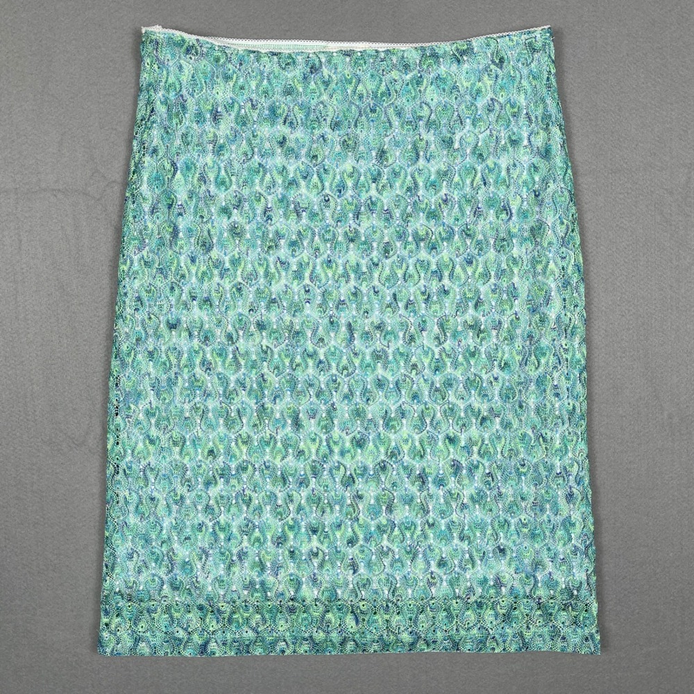 Vol 1 Lace Pencil Skirt Womens Large Green Blue Peacock Pattern Y2K Boho